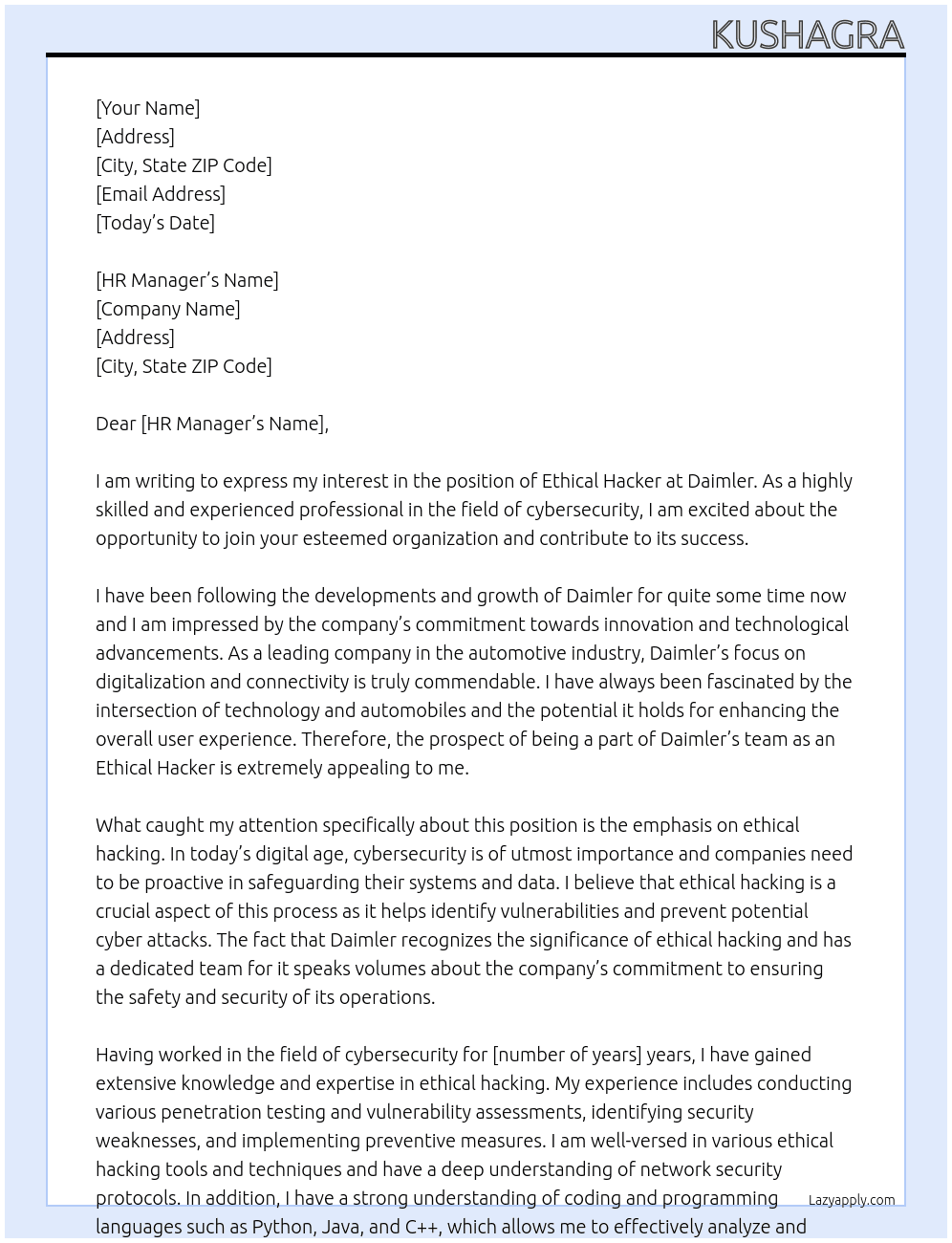 ethical hacker At Daimler Cover Letter