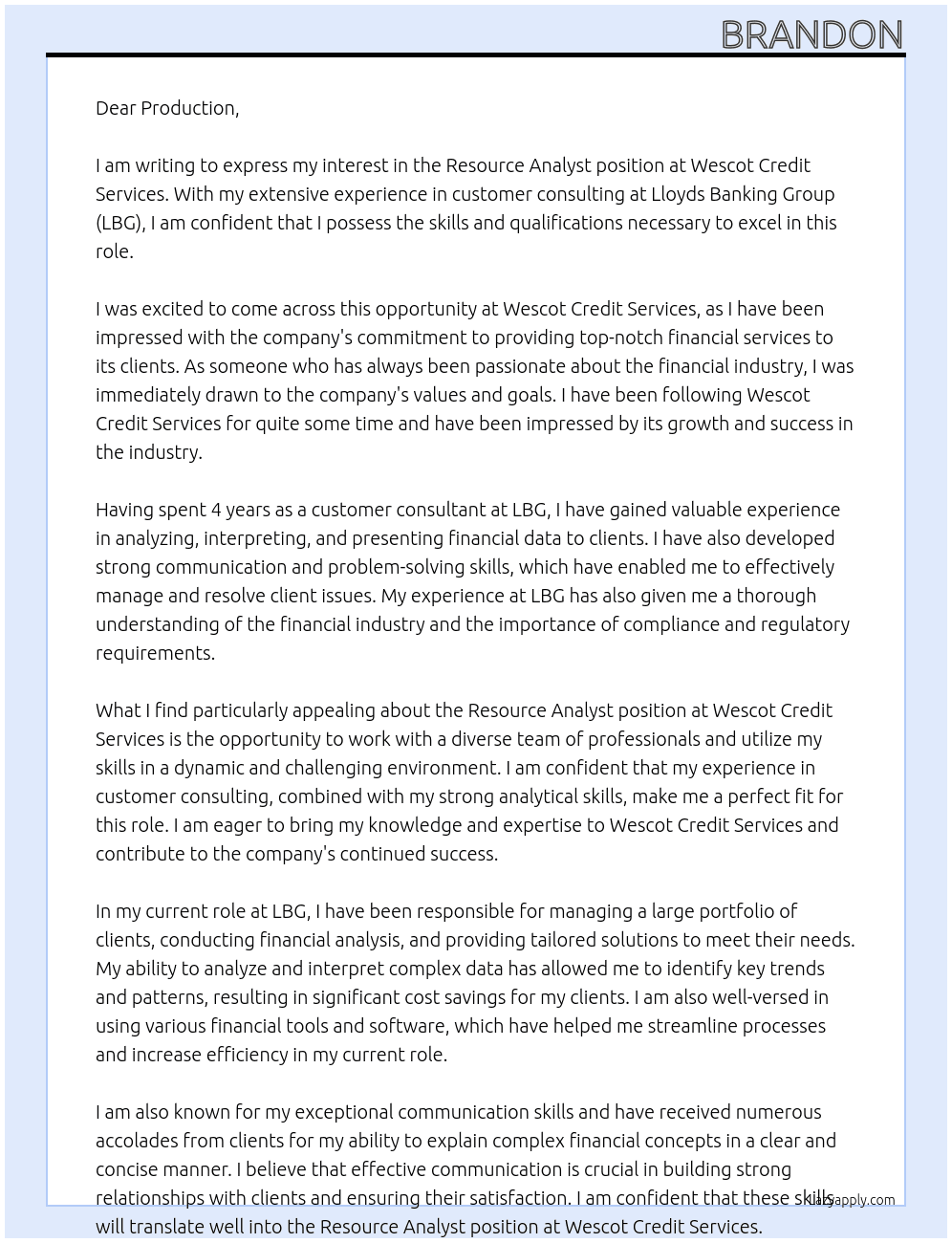 resource analyst At Wescot credit services Cover Letter