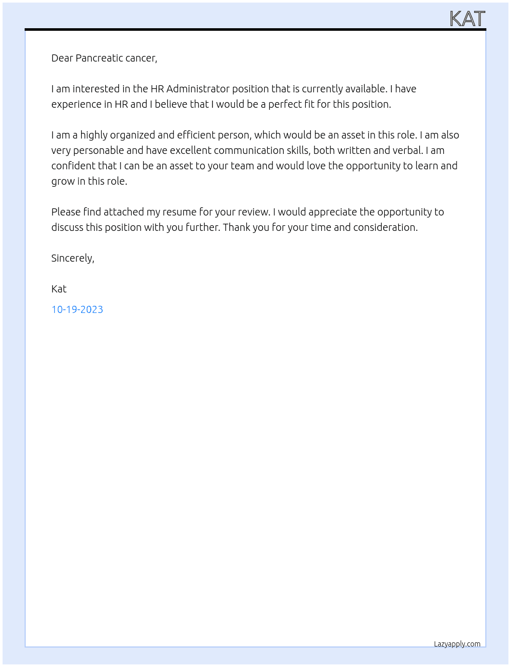HR Administrator At Pancreatic cancer  Cover Letter