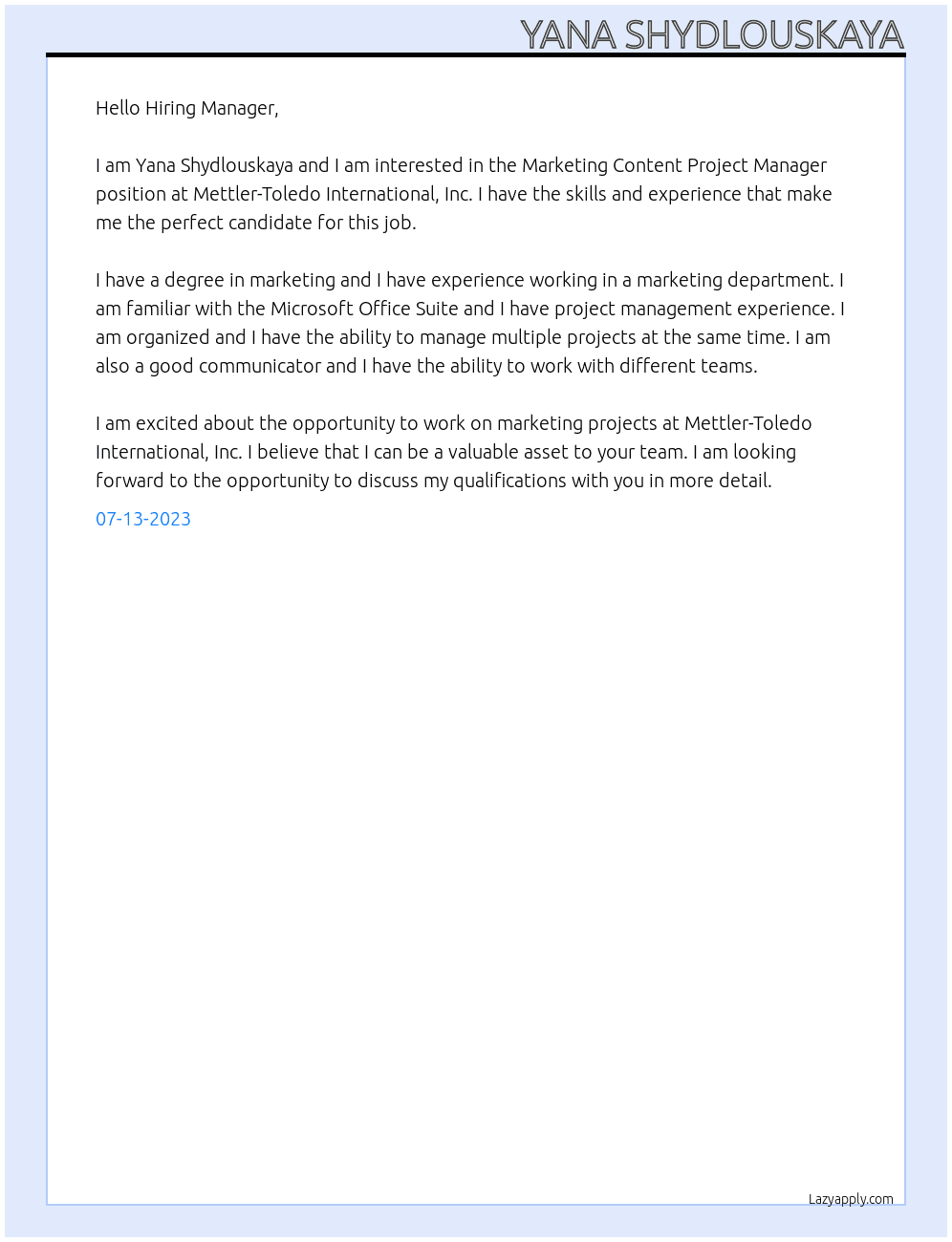 Marketing Content Project Manager  At Mettler-Toledo International, Inc Cover Letter