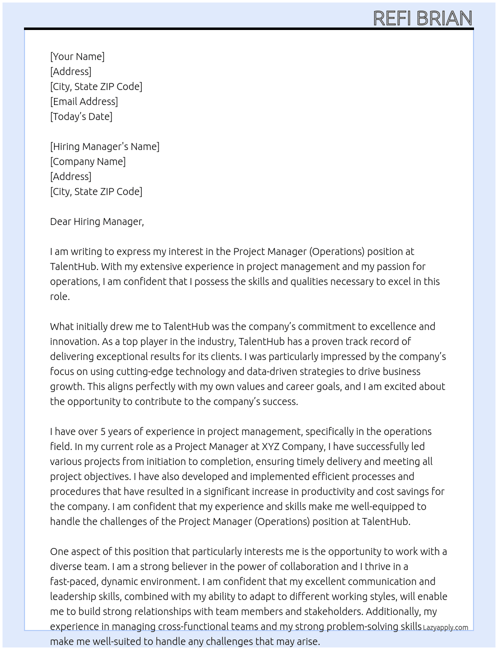 Project Manager (Operations) At TalentHub Cover Letter
