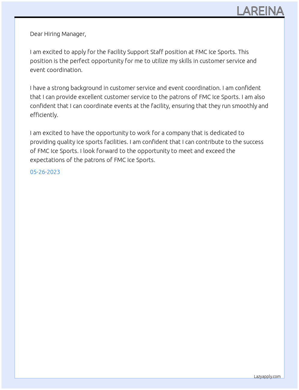 Facility support staff At FMC Ice Sports Cover Letter