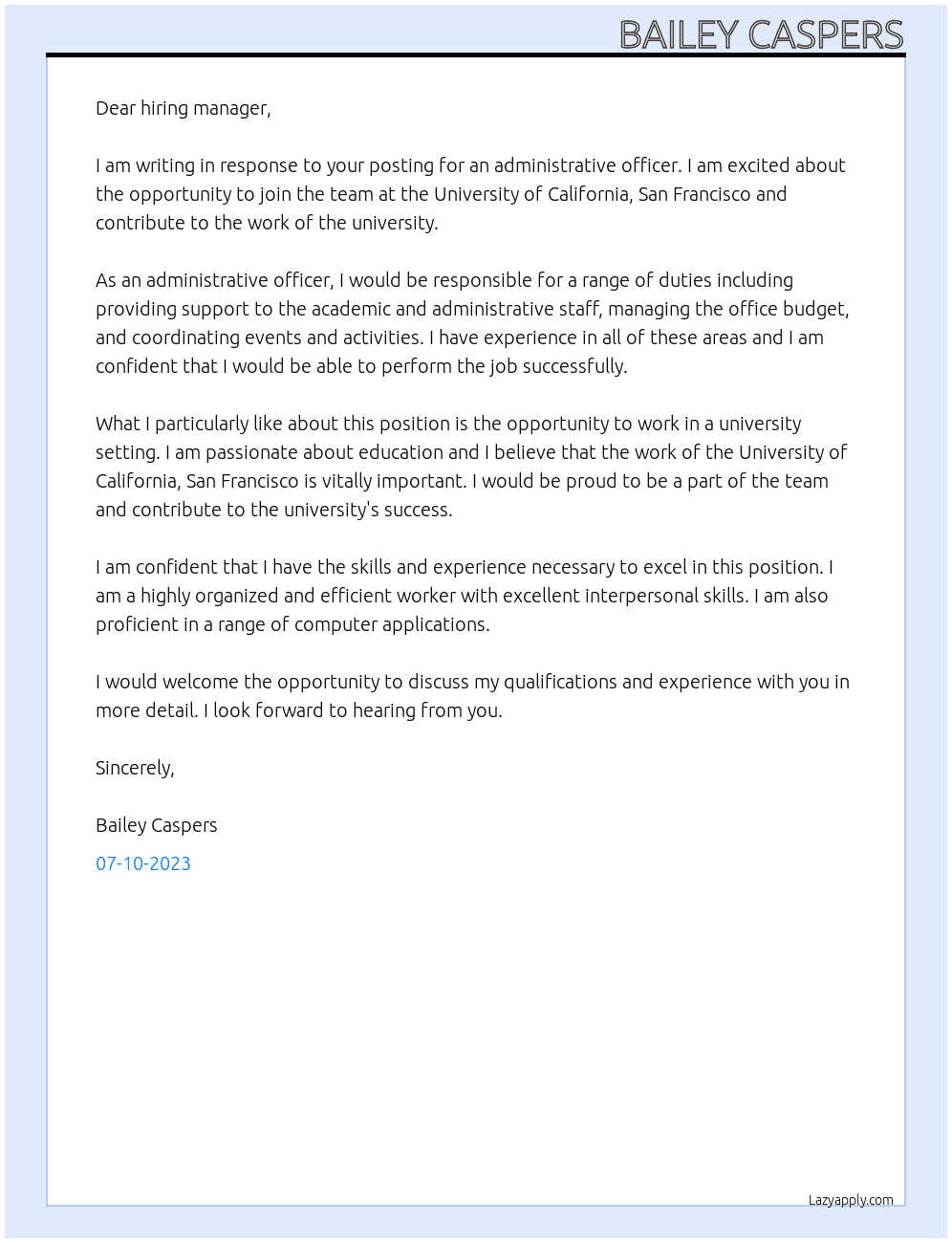 Administraive Officer At University of California, San Fransisco Cover Letter