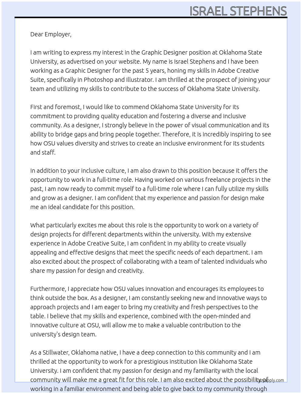 Graphic Designer At Oklahoma State University Cover Letter