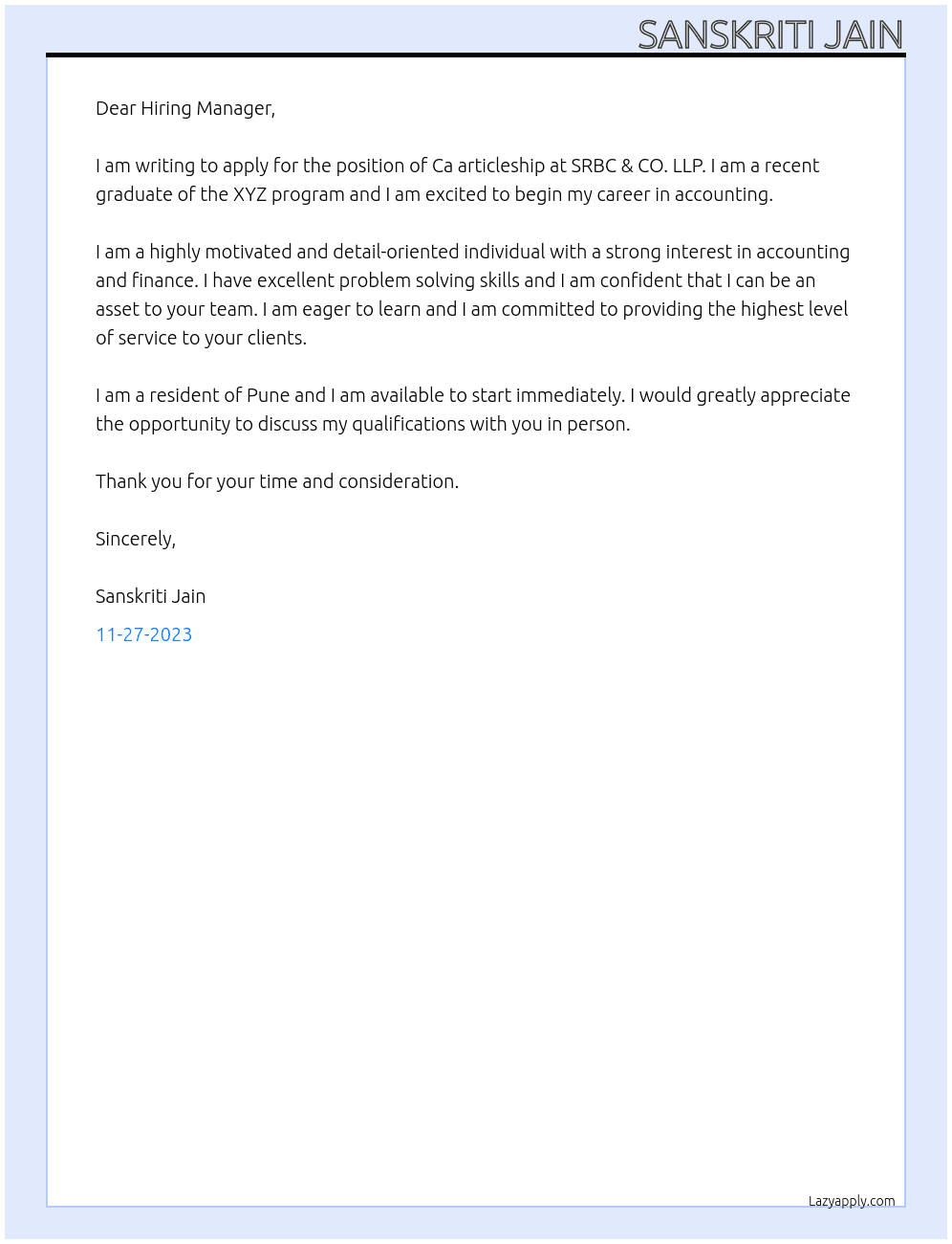Ca articleship  At SRBC & CO. LLP Cover Letter