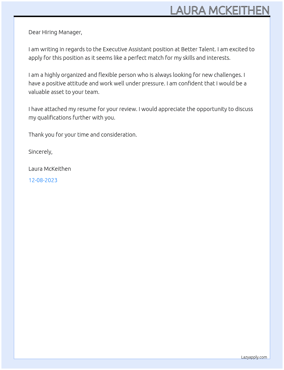 Executive Assistant At Better Talent Cover Letter