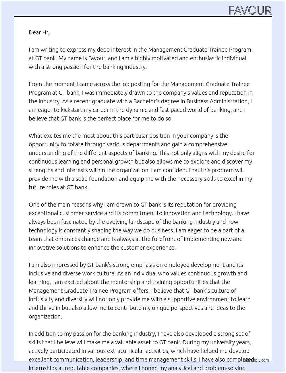 Management Graduate trainee program  At GT bank Cover Letter