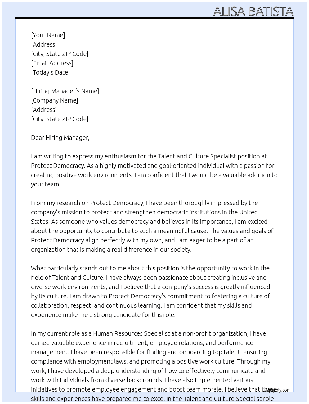 Talent and Culture Specialist At Protect Democracy Cover Letter