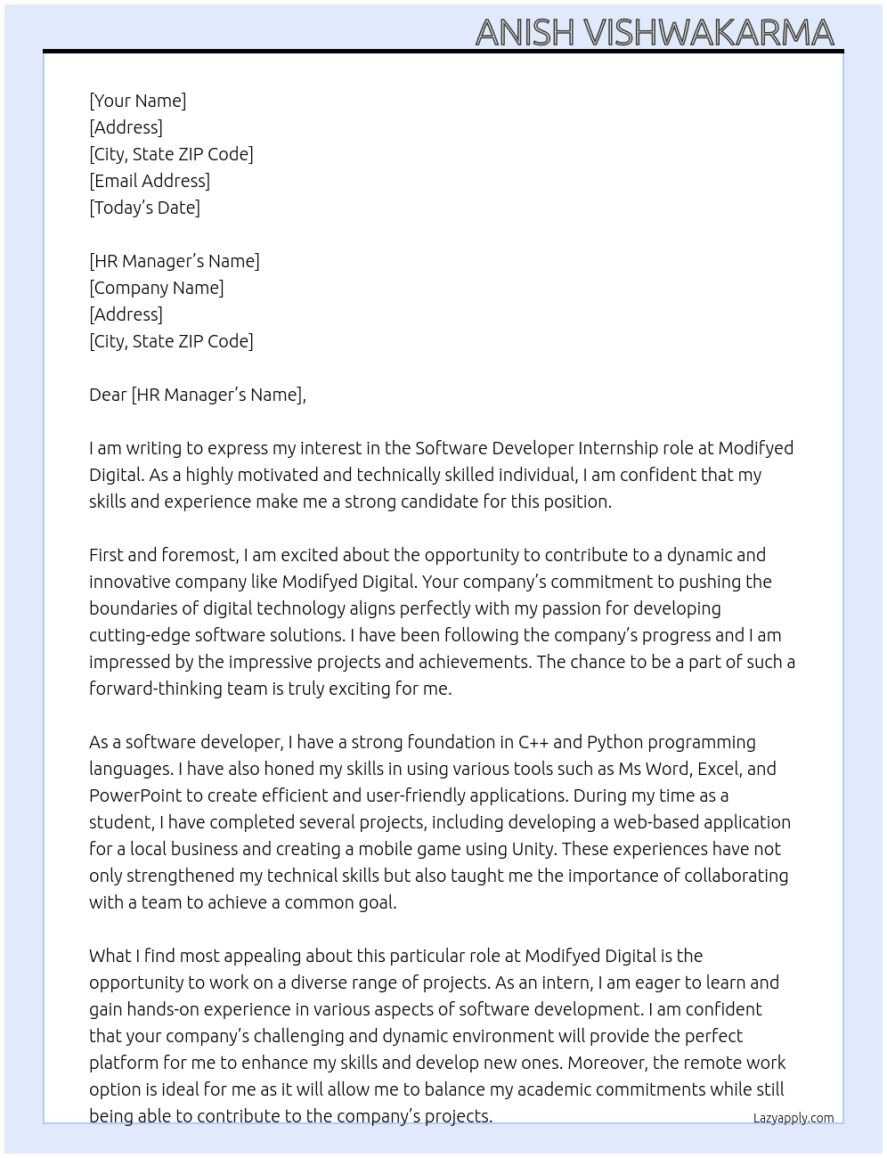 Software developer  At Modifyed Digital  Cover Letter