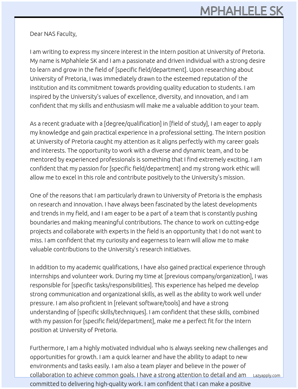 Intern At University of Pretoria  Cover Letter