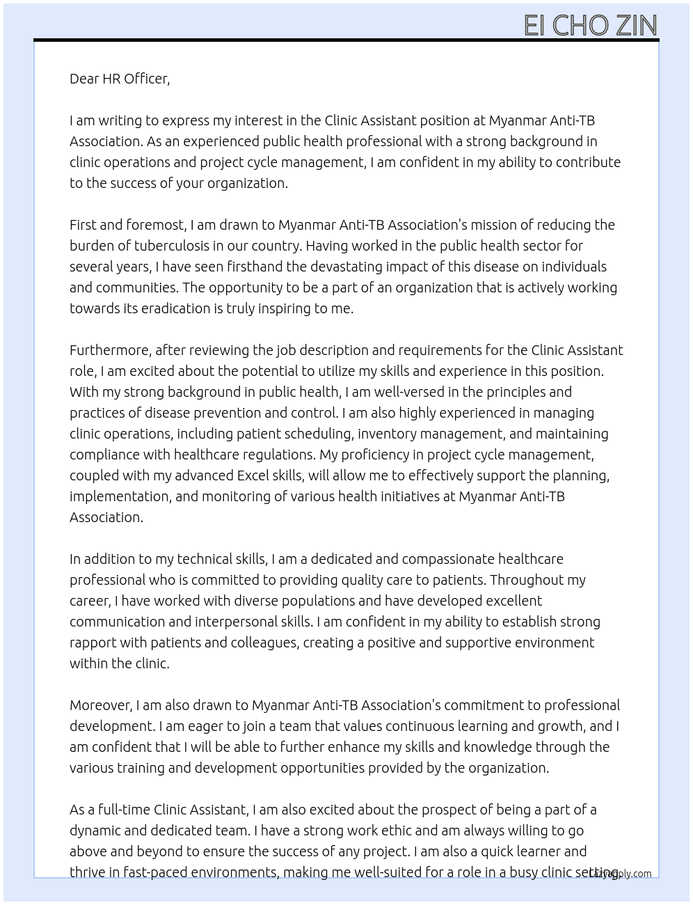 Clinic Assistant At Myanmar Anti-TB Association Cover Letter