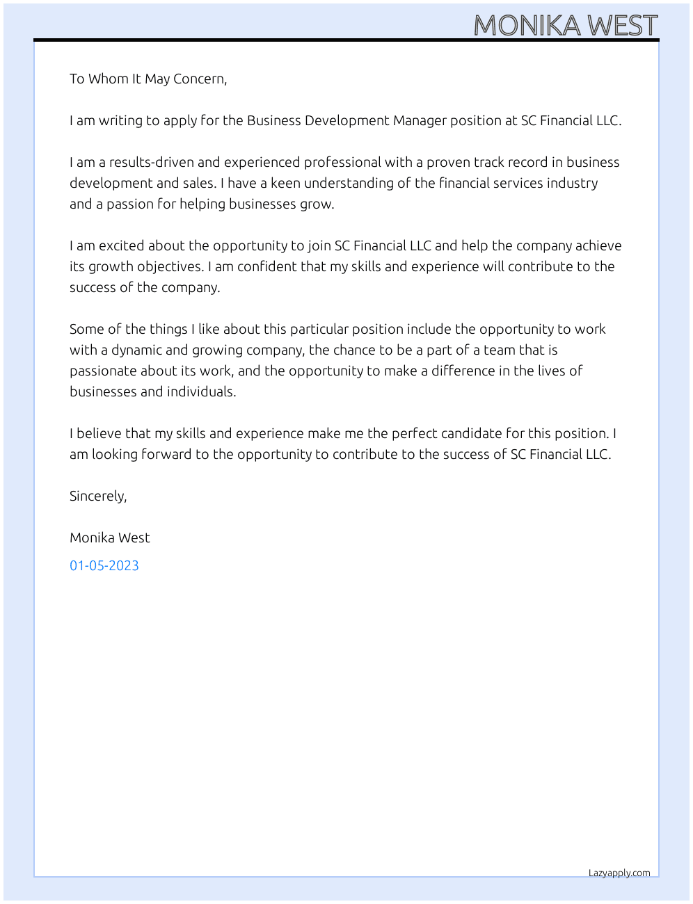Business Development Manager  At SC Financial LLC Cover Letter