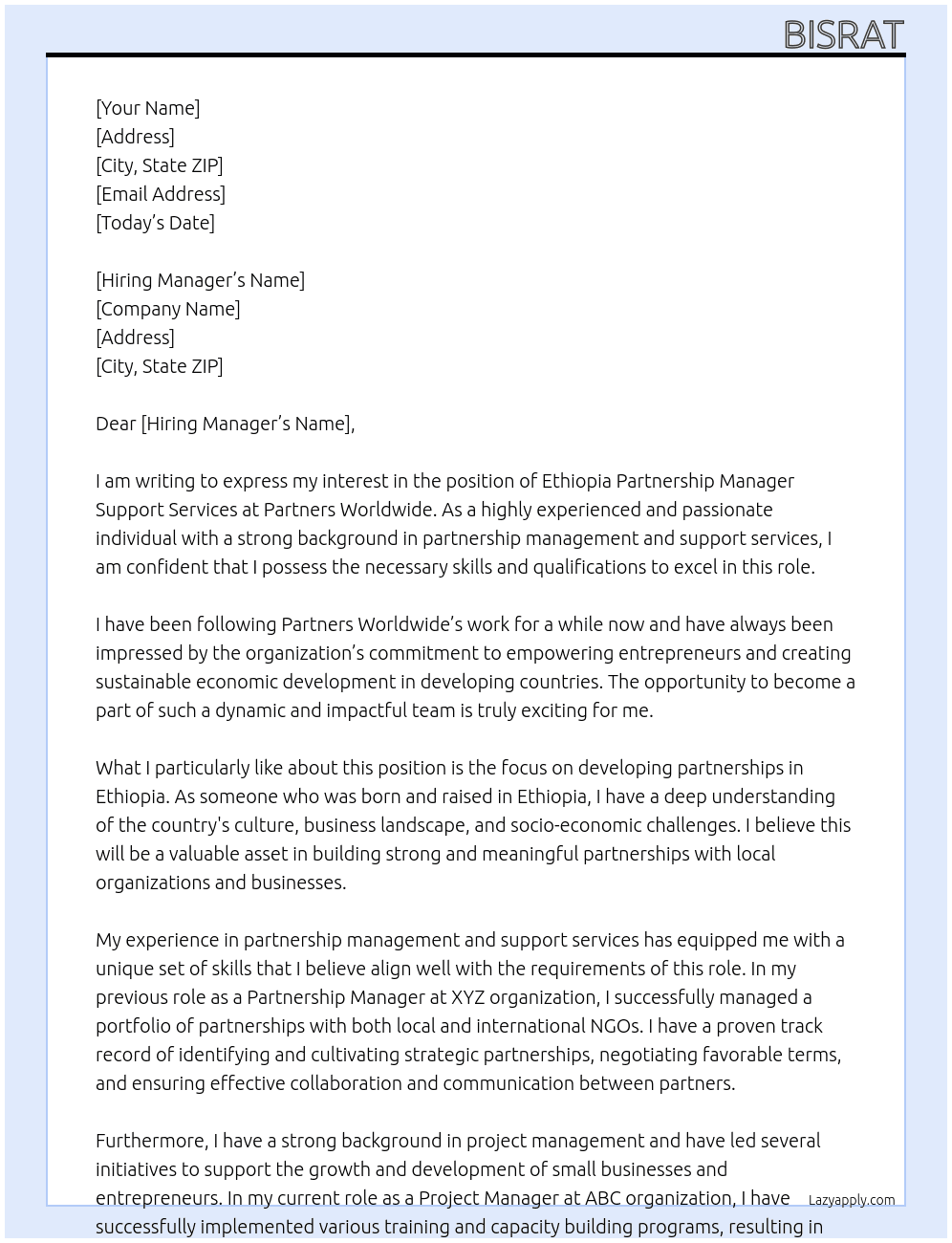 Ethiopia Partnership Manager Support Services At Partners Worldwide Cover Letter