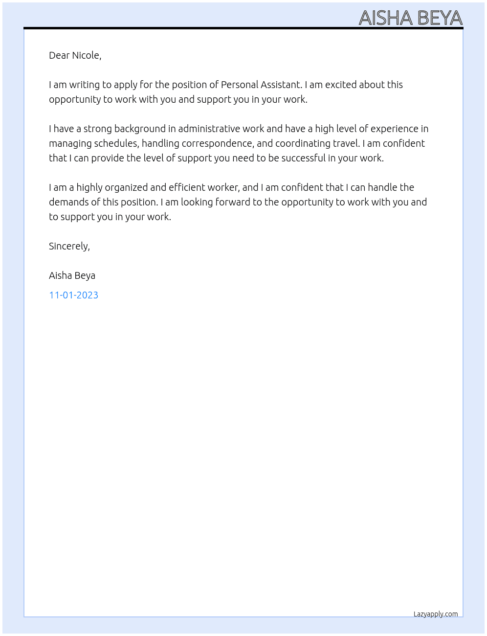 Personal Assistant  At Nicole Nodland Cover Letter
