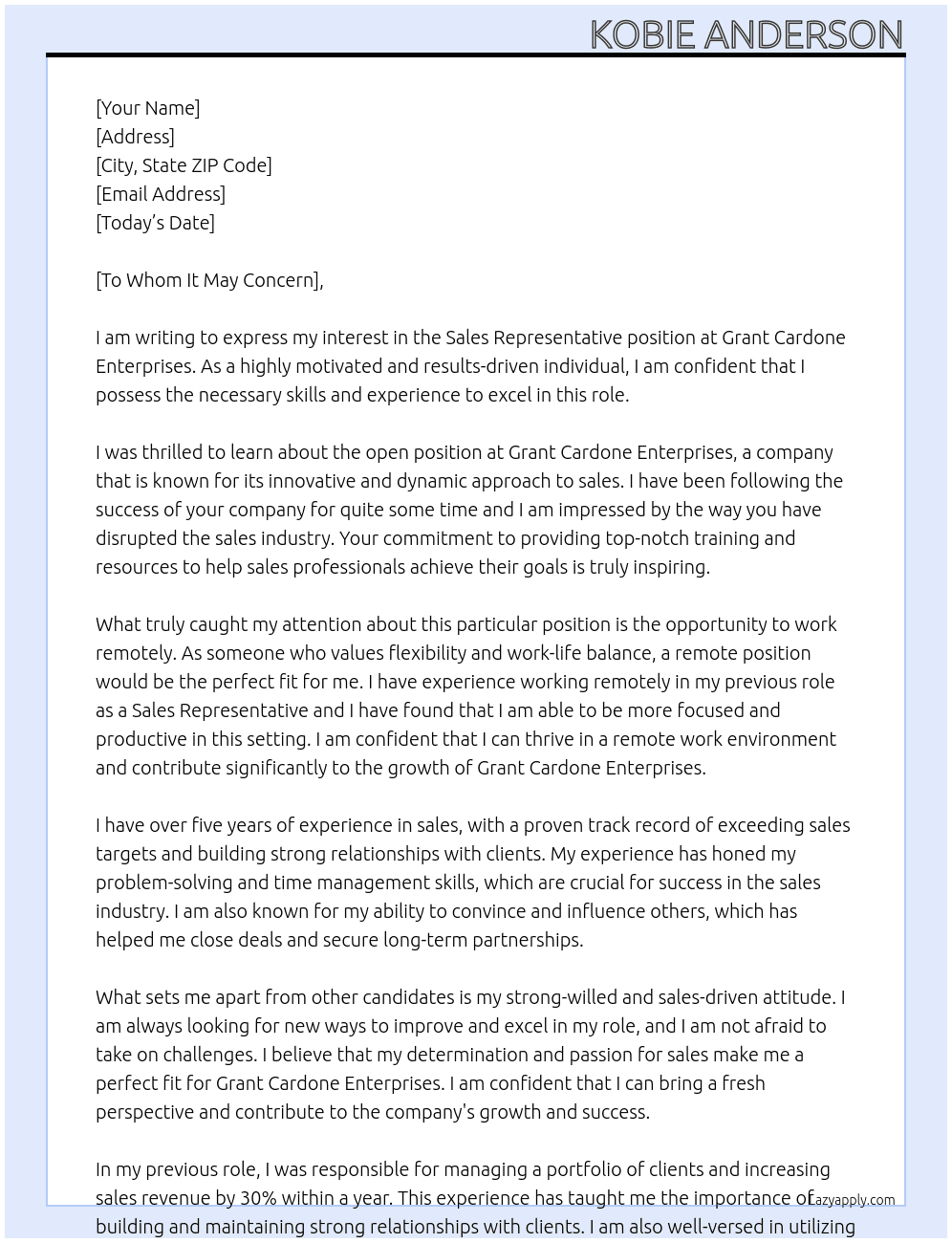 Sales Representative At Grant Cardone Enterprises Cover Letter