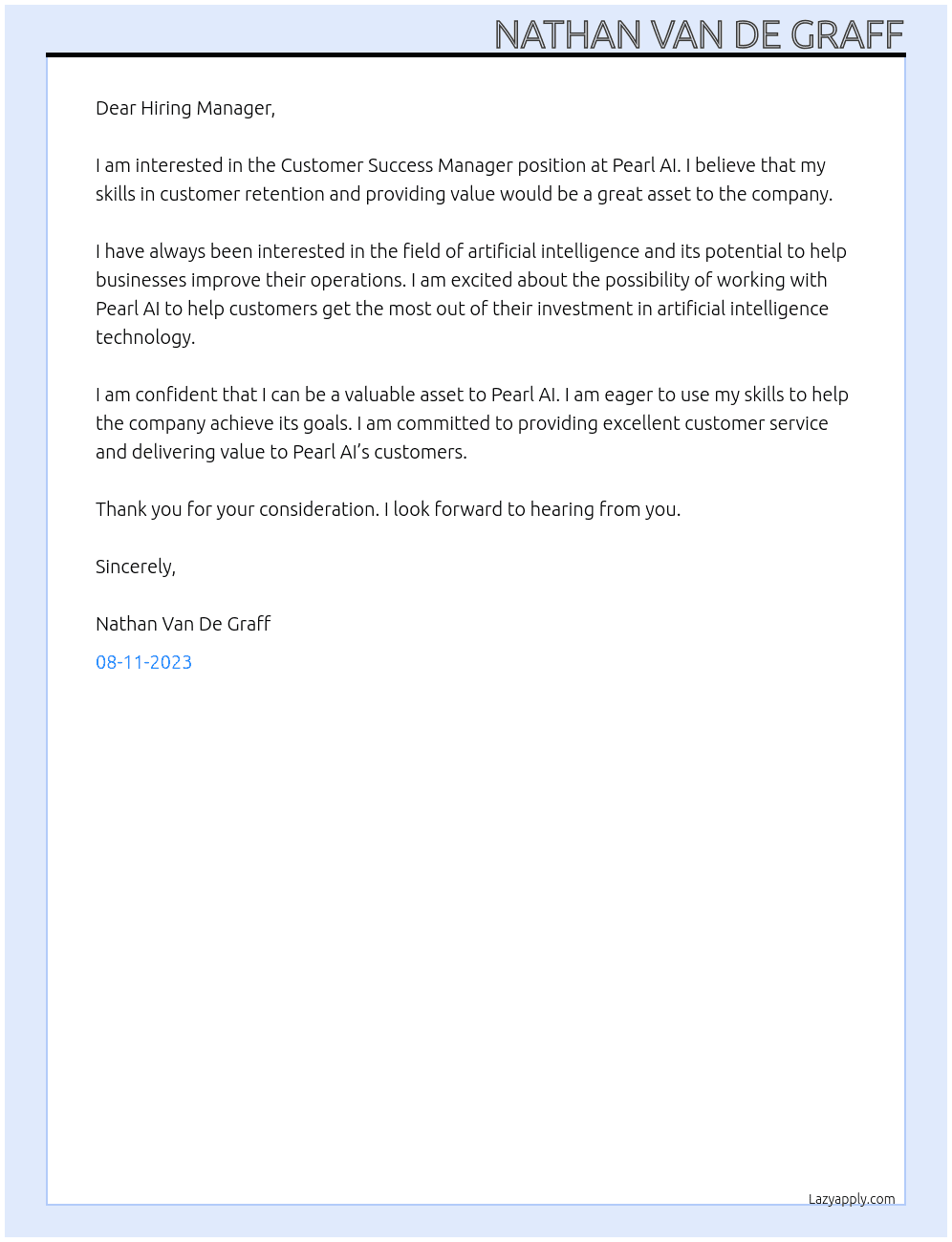 Customer Success Manager At Pearl AI Cover Letter