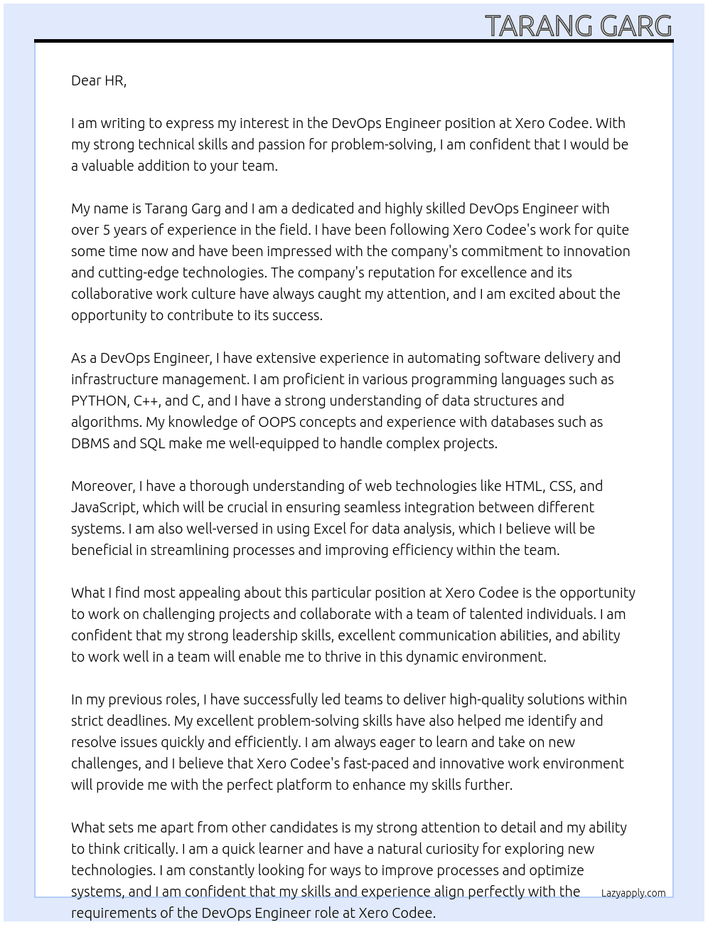 DevOps Engineer At Xero Codee Cover Letter