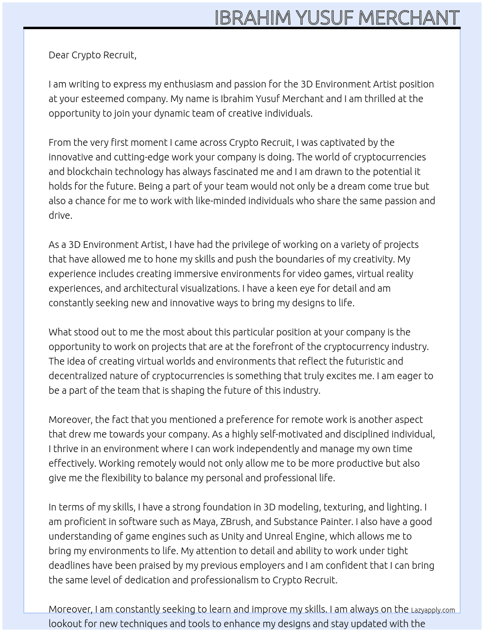 3D Environment Artist At crypto recruit Cover Letter