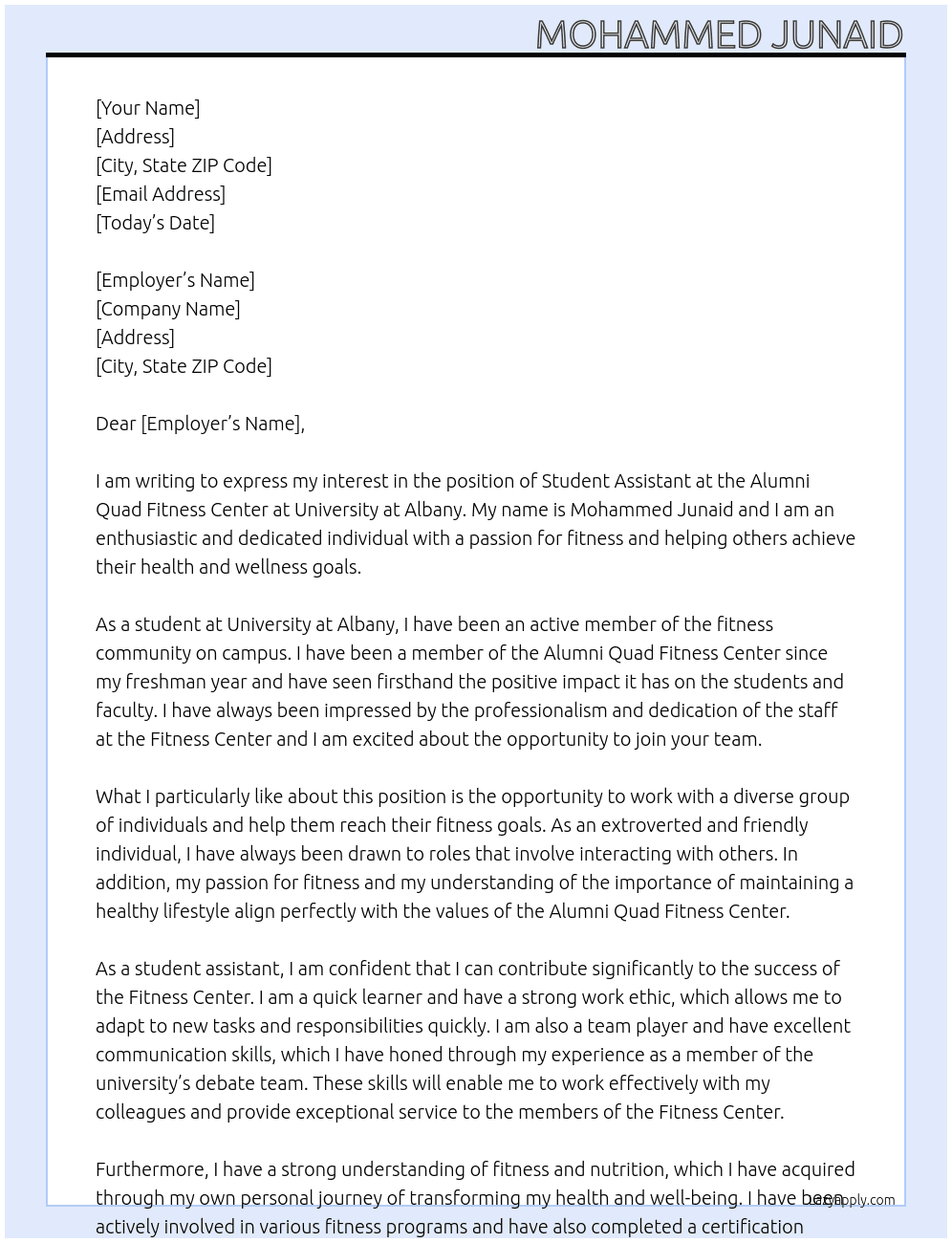 Student Assistant Alumni Quad Fitness Center At  University at Albany Cover Letter