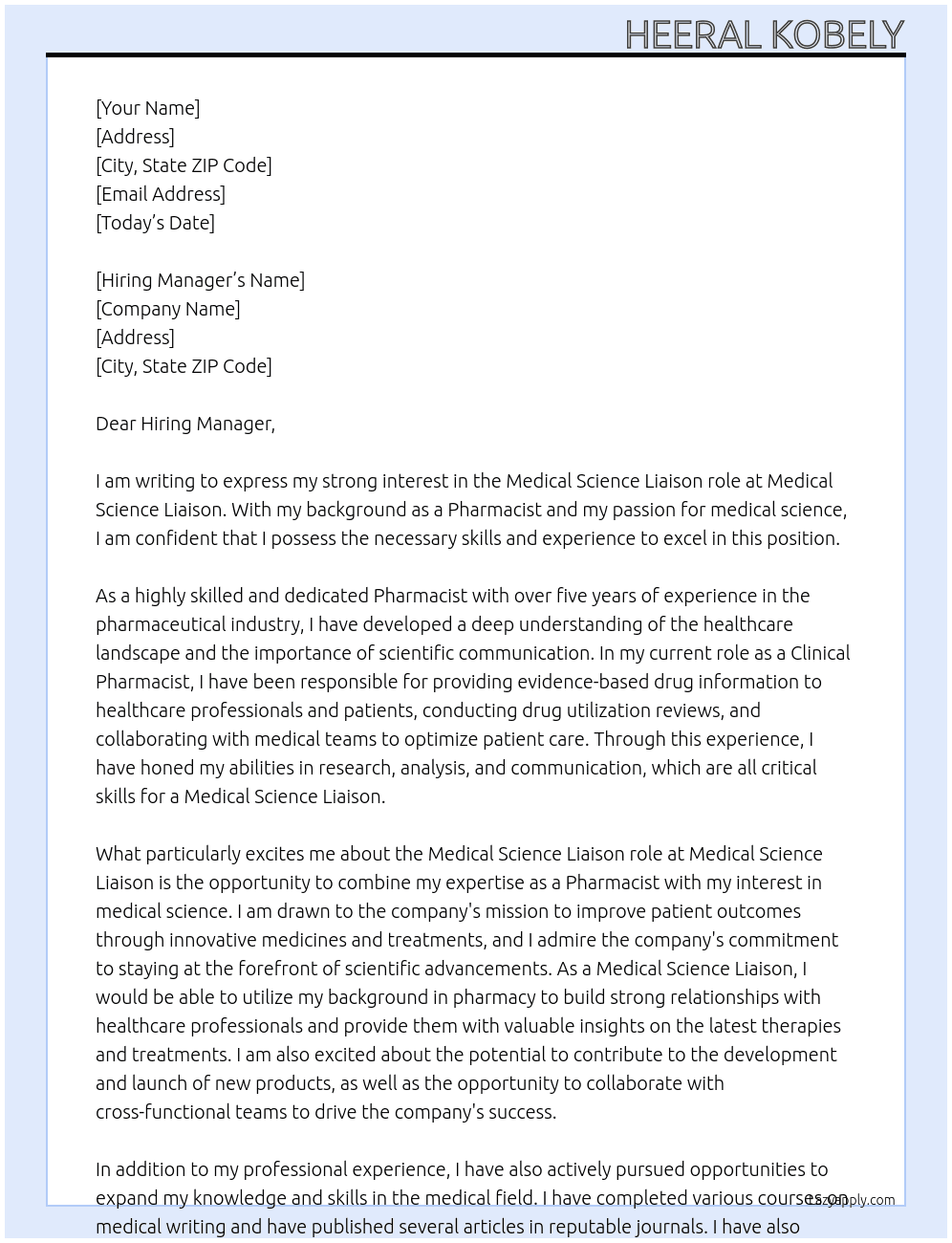 Medical Science Liaison At Medical Science Liaison Cover Letter