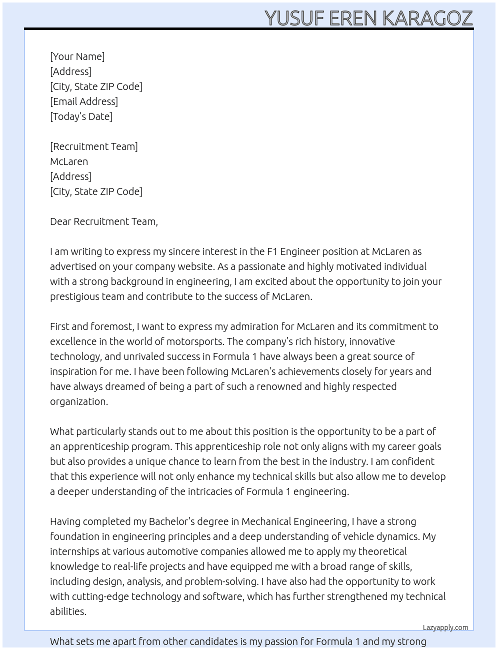 F1 Engineer At McLaren Cover Letter