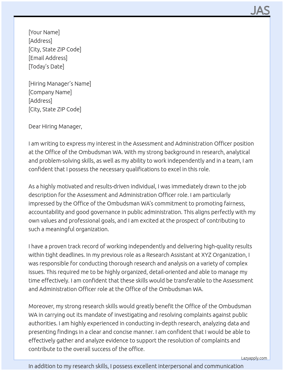 Assessment and Administration Officer At  Office of the Ombudsman WA Cover Letter