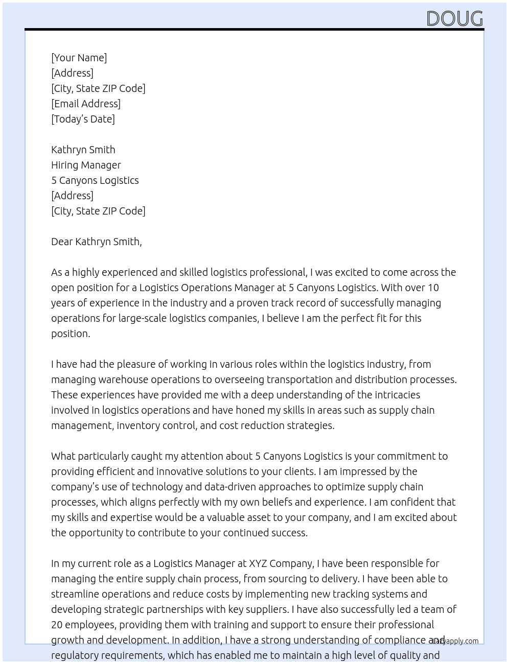 Logistics operations manager At 5 canyons logistics  Cover Letter