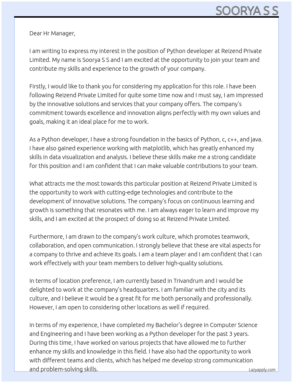Python developer At Reizend Private Limited Cover Letter