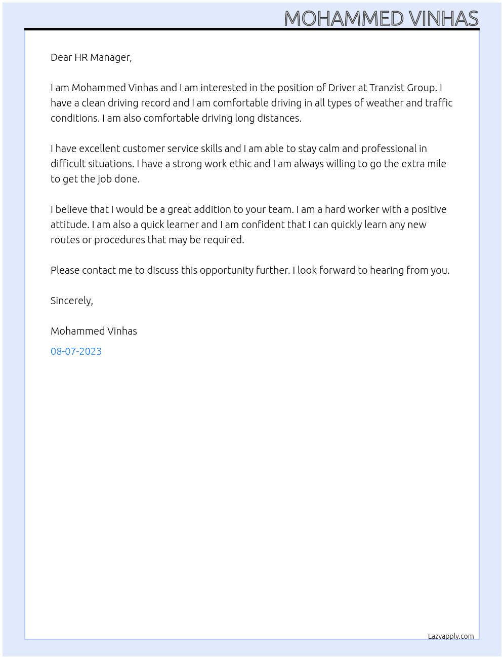 Driver At Tranzist Group Cover Letter