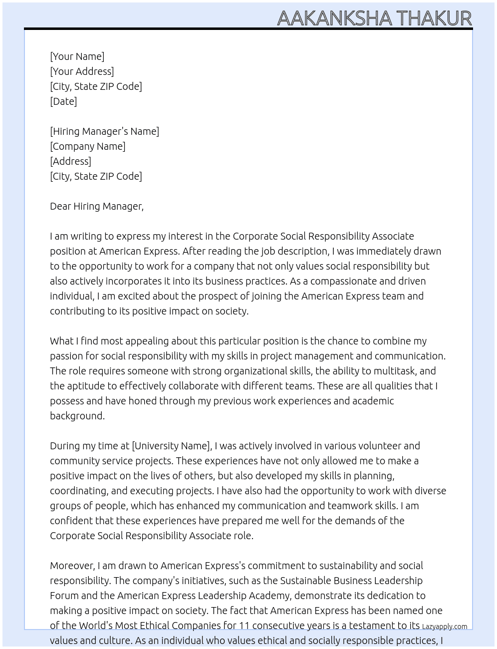 Cover letter for corporate social responsibility associate - LazyApply