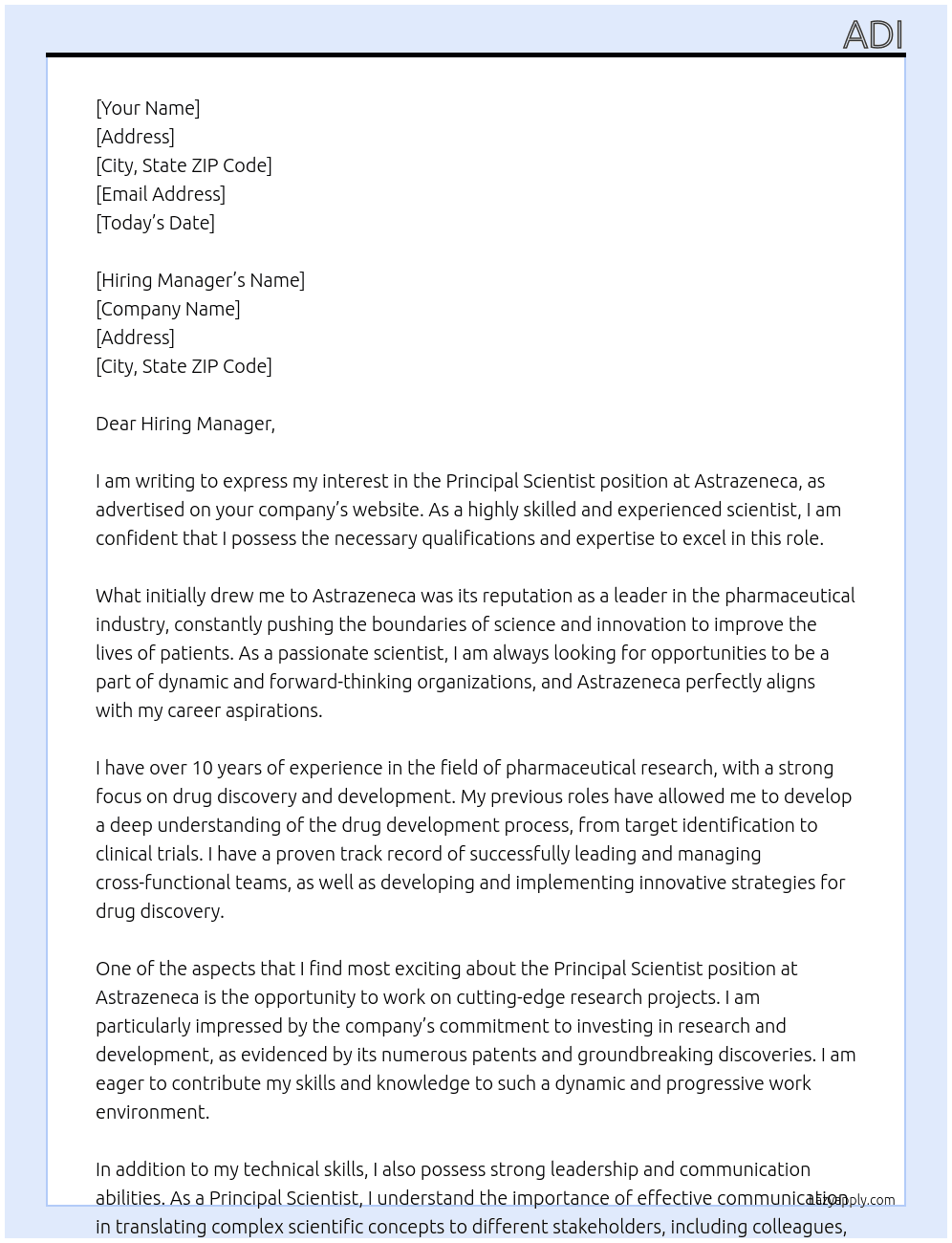 principal scientist At Astrazeneca Cover Letter