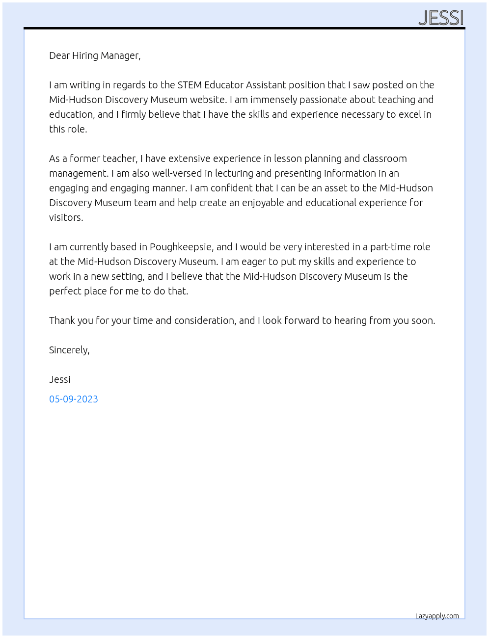 STEM Educator Assistant At Mid-Hudson Discovery Museum Cover Letter