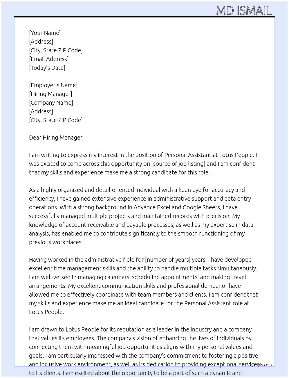 Personal Assistant  At Lotus People  Cover Letter