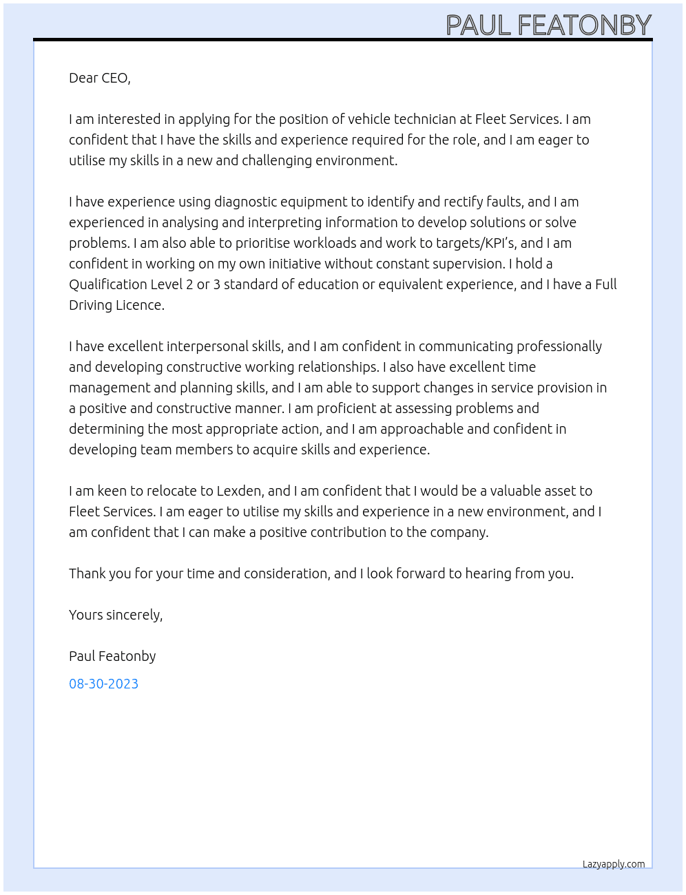 vehicle  technition At fleet services  Cover Letter