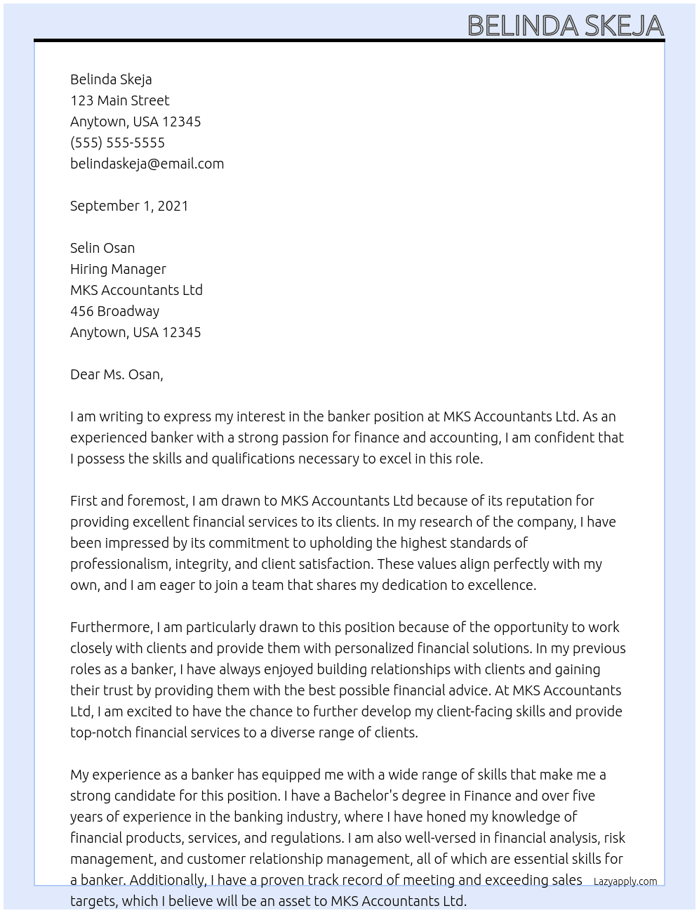 banker At MKS Accountants Ltd Cover Letter