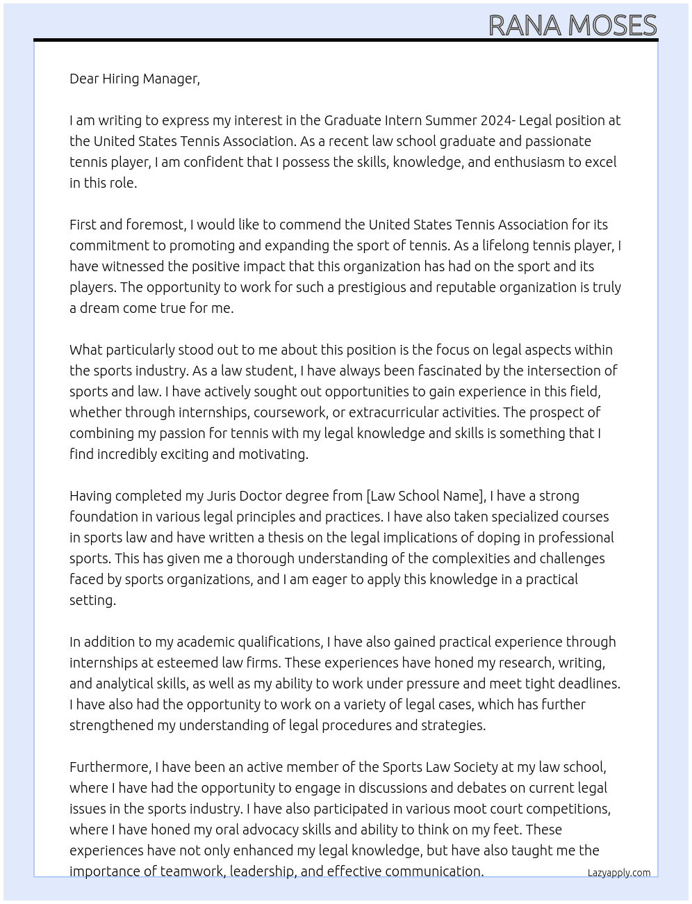 Graduate Intern Summer 2024- Legal At United States Tennis Association Cover Letter
