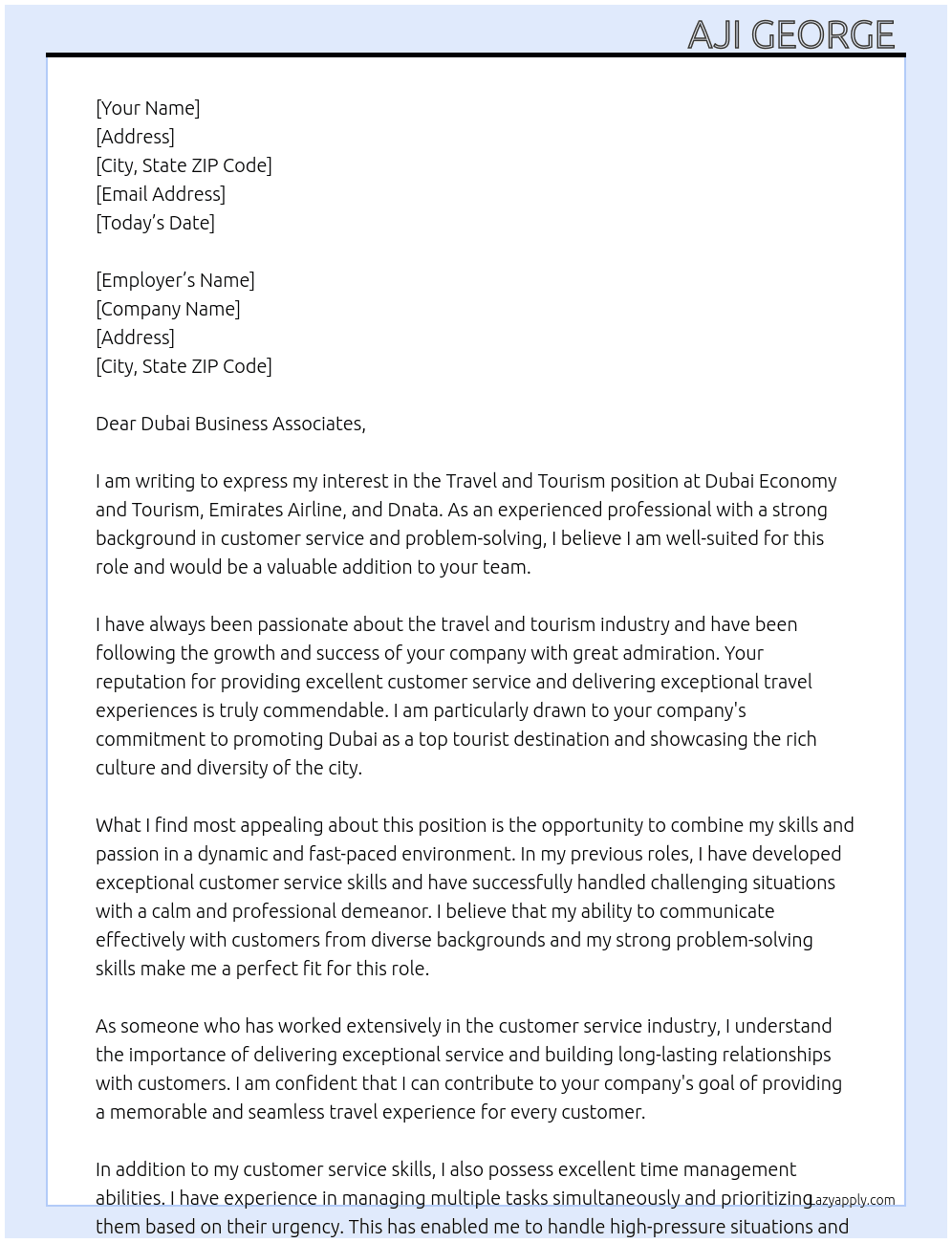 Cover letter for travel and tourism - LazyApply