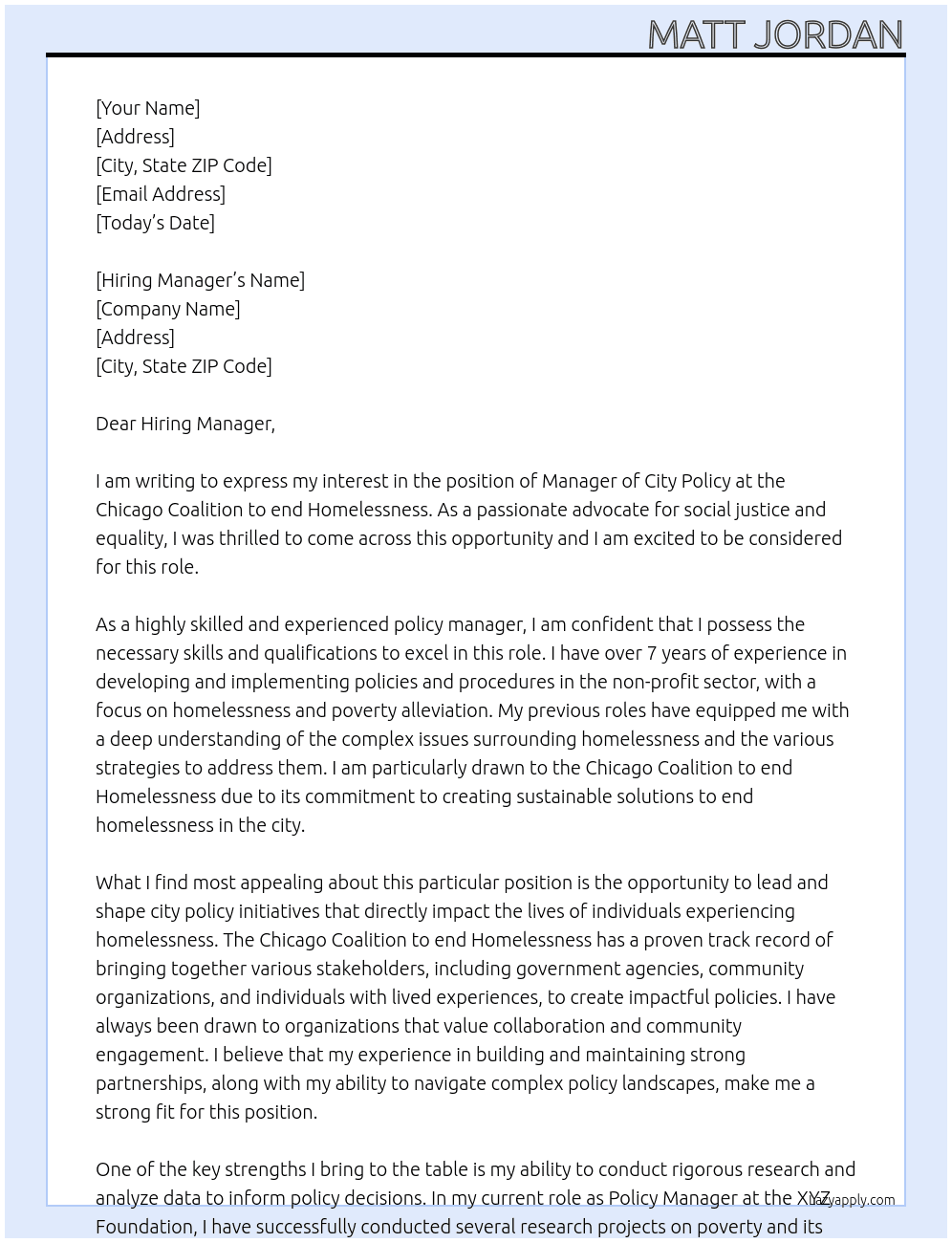 Manager of City Policy At Chicago Coalition to end Homelessness  Cover Letter