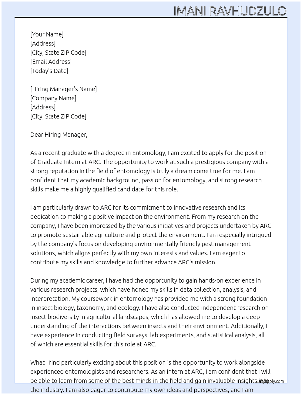 graduate intern entomology At ARC Cover Letter