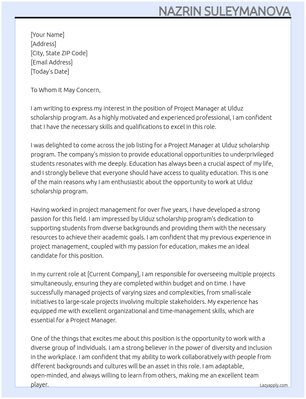 Project Manager At Ulduz scholarship program Cover Letter