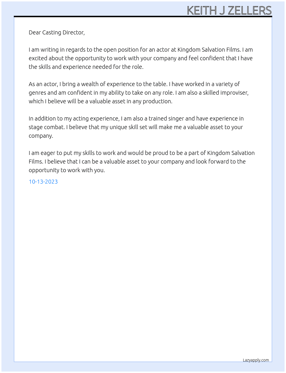 Actor At Kingdom Salvation Films Cover Letter
