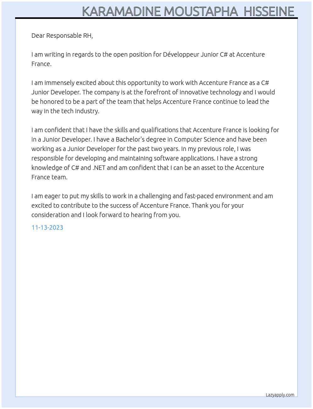 Développeur Junior C#  At ACCENTURE FRANCE Cover Letter