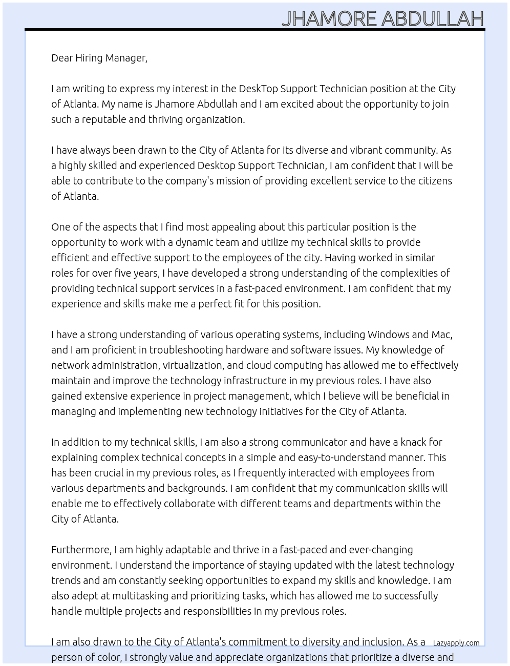 DeskTop Support Technician At City of Atlanta Cover Letter
