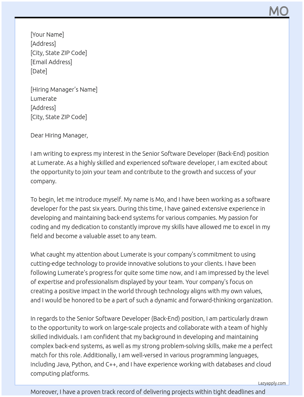 Senior Software Developer (Back-End) At Lumerate Cover Letter
