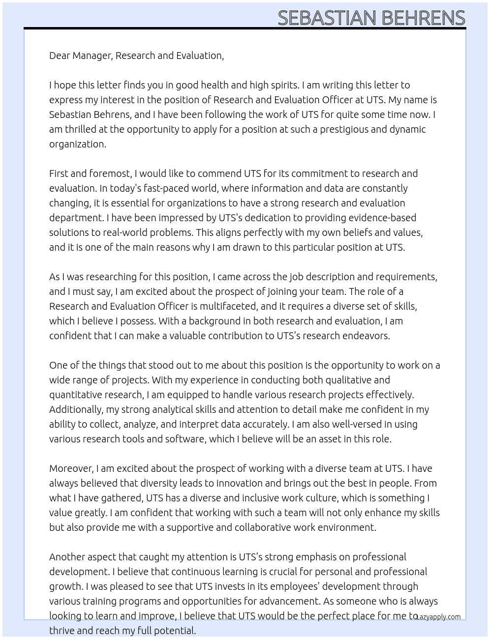 Research and Evaluation Officer At UTS  Cover Letter