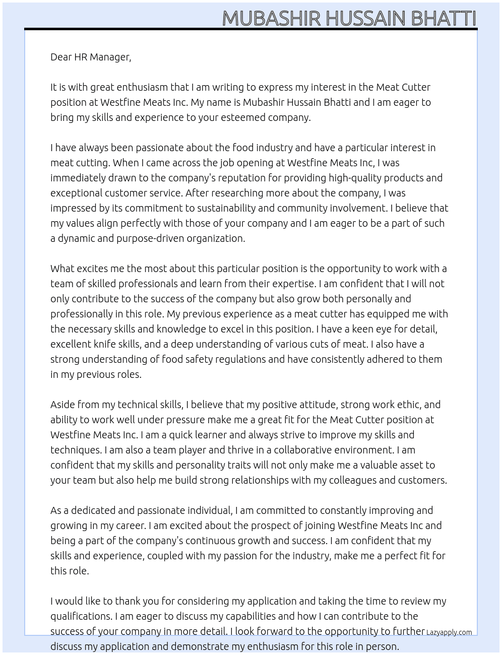 meat cutter At Westfine Meats Inc Cover Letter