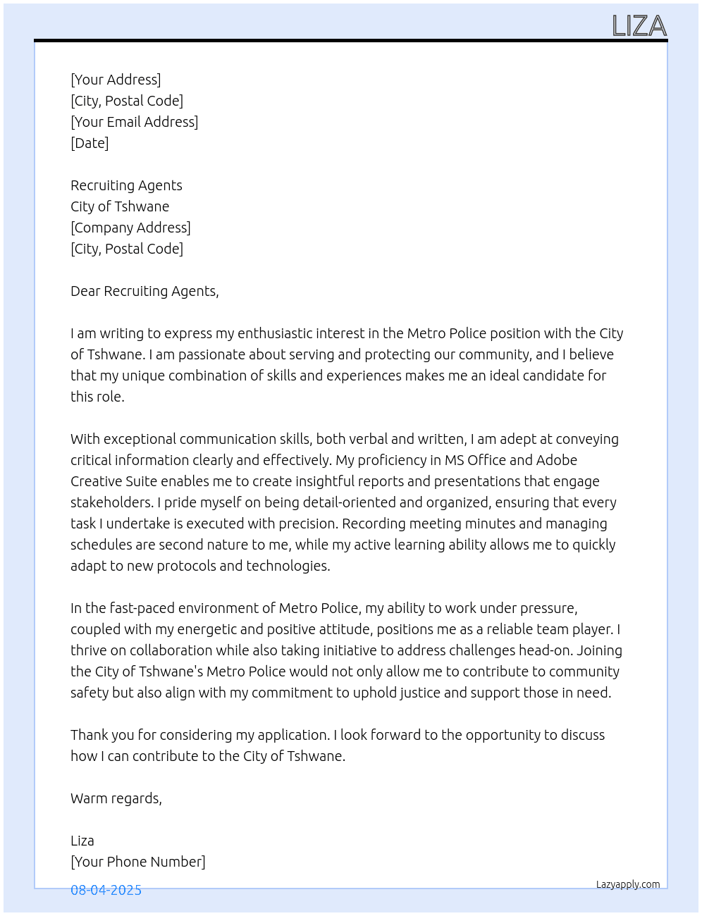 Metro Police  At City of Tshwane Cover Letter