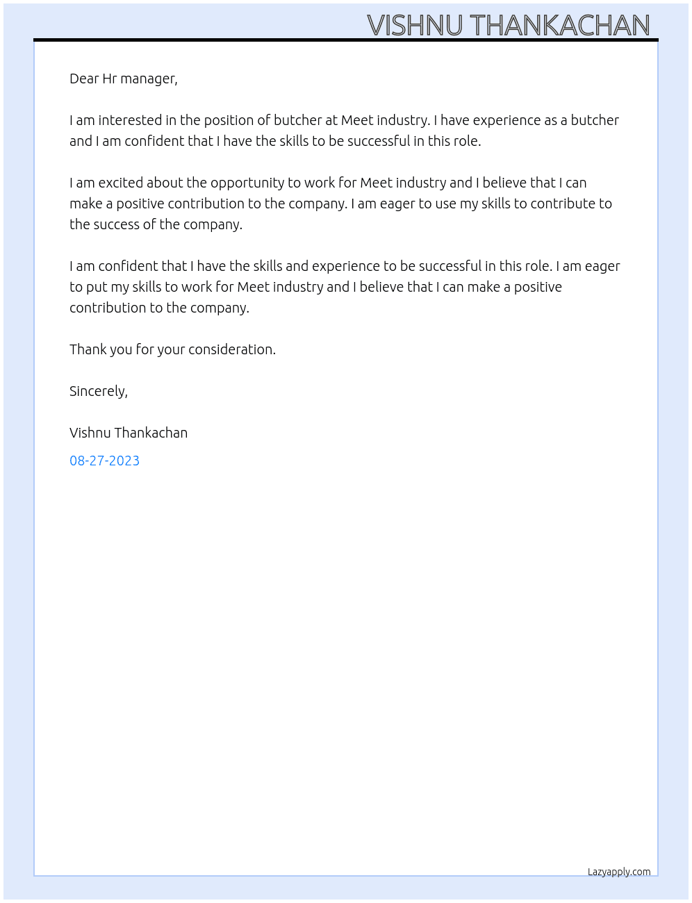 Butcher At Meet industry Cover Letter