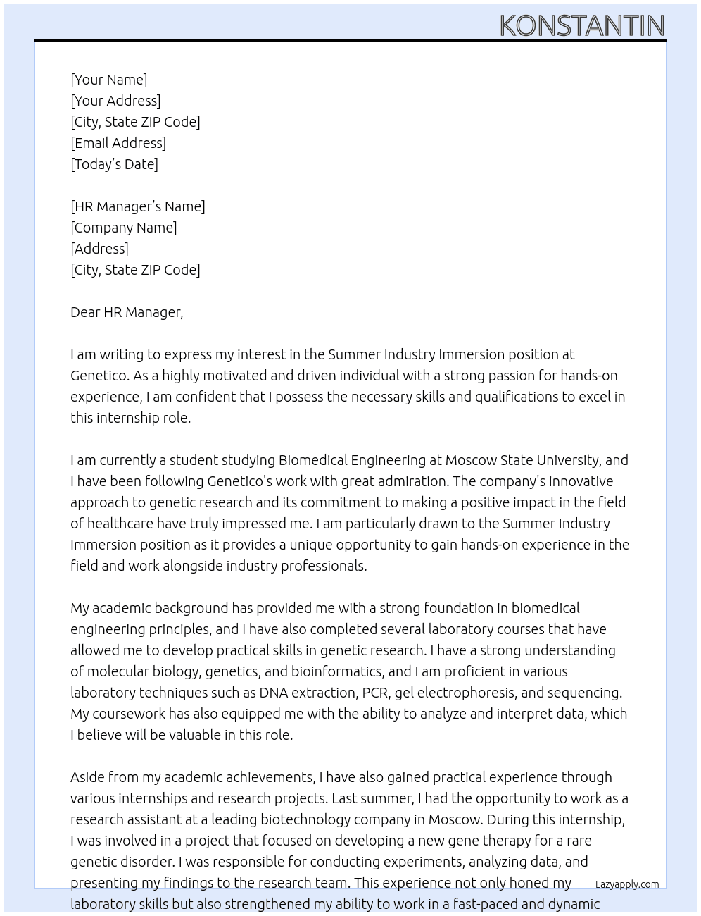 Summer industry immersion At Genetico Cover Letter