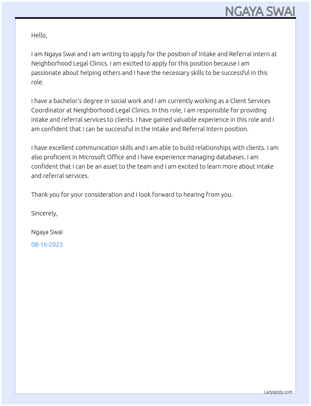 Intake and Referral Intern At Neighborhood Legal Clinics Cover Letter